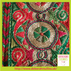 Deborah Mullins Red and Green Border Stitchery Stories Textile Art Podcast Guest