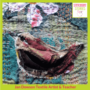 Jan Dowson detail_ little bird and flowers I Stitchery Stories Textile Art Podcast Guest