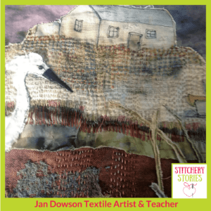 Jan Dowson work in progress heron I Stitchery Stories Textile Art Podcast Guest