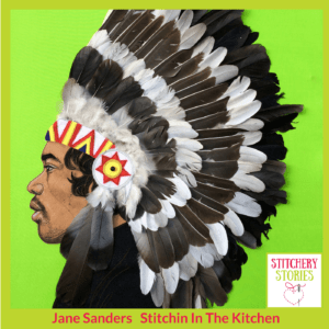 Jane Sanders textile portrait of Jimi Hendrix Stitchery Stories Textile Art Podcast Guest
