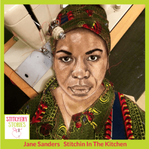 Jane Sanders textile portrait of Nina Simone Stitchery Stories Textile Art Podcast Guest