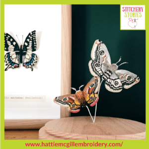 Moths & Swallowtail butterfly by Hattie McGill Stitchery Stories Textile Art Podcast Guest
