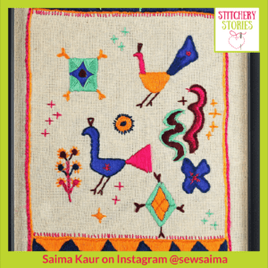 Stylised peacock featured in Punjabi Phulkaris _ Saima Kaur _ Stitchery Stories Textile Art Podcast Guest
