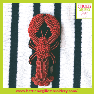goldwork Lobster by Hattie McGill Stitchery Stories Textile Art Podcast Guest