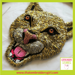 Lion in 3d beaded goldwork WIP by Georgina Bellamy Stitchery Stories Textile Art Podcast Guest