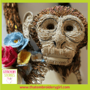 Monkey in 3d beaded goldwork by Georgina Bellamy Stitchery Stories Textile Art Podcast Guest