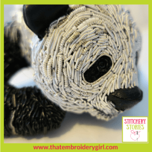 Panda in 3d beaded goldwork WIP by Georgina Bellamy Stitchery Stories Textile Art Podcast Guest