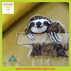 Sloth in 3d beaded goldwork WIP by Georgina Bellamy Stitchery Stories Textile Art Podcast Guest