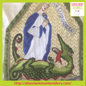 historical hand embroidery by Alison Larkin _ Replica Opus Anglicanum piece Stitchery Stories Textile Art Podcast Guest
