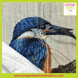 Kingfisher silk shading WIP by Jen Goodwin Stitchery Stories Textile Art Podcast Guest