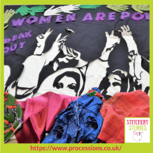 Processions 2018 banner WIP by group Scottish Refugee Council banner. Artists are Paria Goodarzi and Helen de Main Stitchery Stories Textile Art Podcast