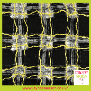 Black & Yellow check weave sample by Jayne Emerson Stitchery Stories Textile Art Podcast Guest