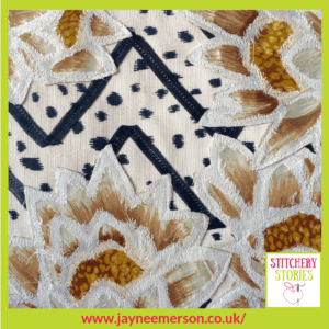Flowers, Spots & Zigzags sample by Jayne Emerson Stitchery Stories Textile Art Podcast Guest