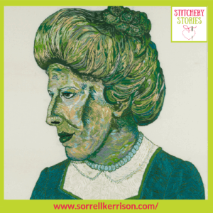 Hand Embroidered portrait of Annie Barlow by Sorrell Kerrison Stitchery Stories Textile Art Podcast Guest