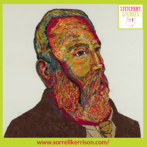Hand Embroidered portrait of William Midgley by Sorrell Kerrison Stitchery Stories Textile Art Podcast Guest