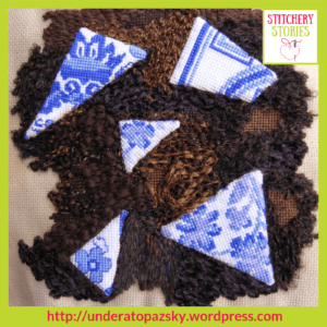 Blue & White Plate Remnants by Alex Hall Stitchery Stories Textile Art Podcast Guest