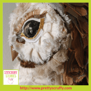 Ema The Owl textile sculpture by Bryony Jennings Stitchery Stories Textile Art Podcast Guest