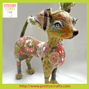 Gloria the Chihuahua textile sculpture by Bryony Jennings Stitchery Stories Textile Art Podcast Guest