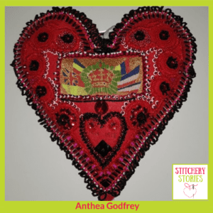 Heart for 100 Hearts exhibition Anthea Godfrey Stitchery Stories Textile Art Podcast Guest