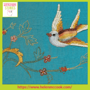 Goldwork bird_ Helen McCook Stitchery Stories Embroidery Podcast Guest