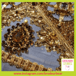 Golden beaded tambour embroidery by Joe Mitchell Stitchery Stories Embroidery Podcast Guest