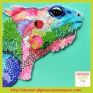 colourful reptile by Eleanor Pigman Stitchery Stories Embroidery Podcast Guest