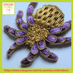 3D Purple & Gold Spider by Rie Wenham Stitchery Stories embroidery Podcast Guest