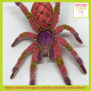 Pink 3D Goldwork Spider by Rie Wenham Stitchery Stories embroidery Podcast Guest
