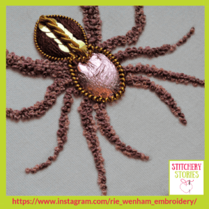 Spider hoop art by Rie Wenham Stitchery Stories embroidery Podcast Guest