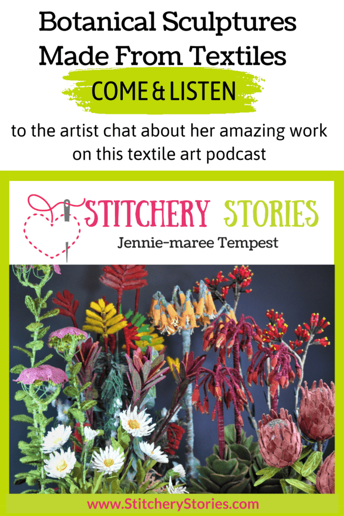 this image is for pinning on Pinterest. it shows the botanical sculptures made entirely with textiles by textile artist Jennie-maree tempest