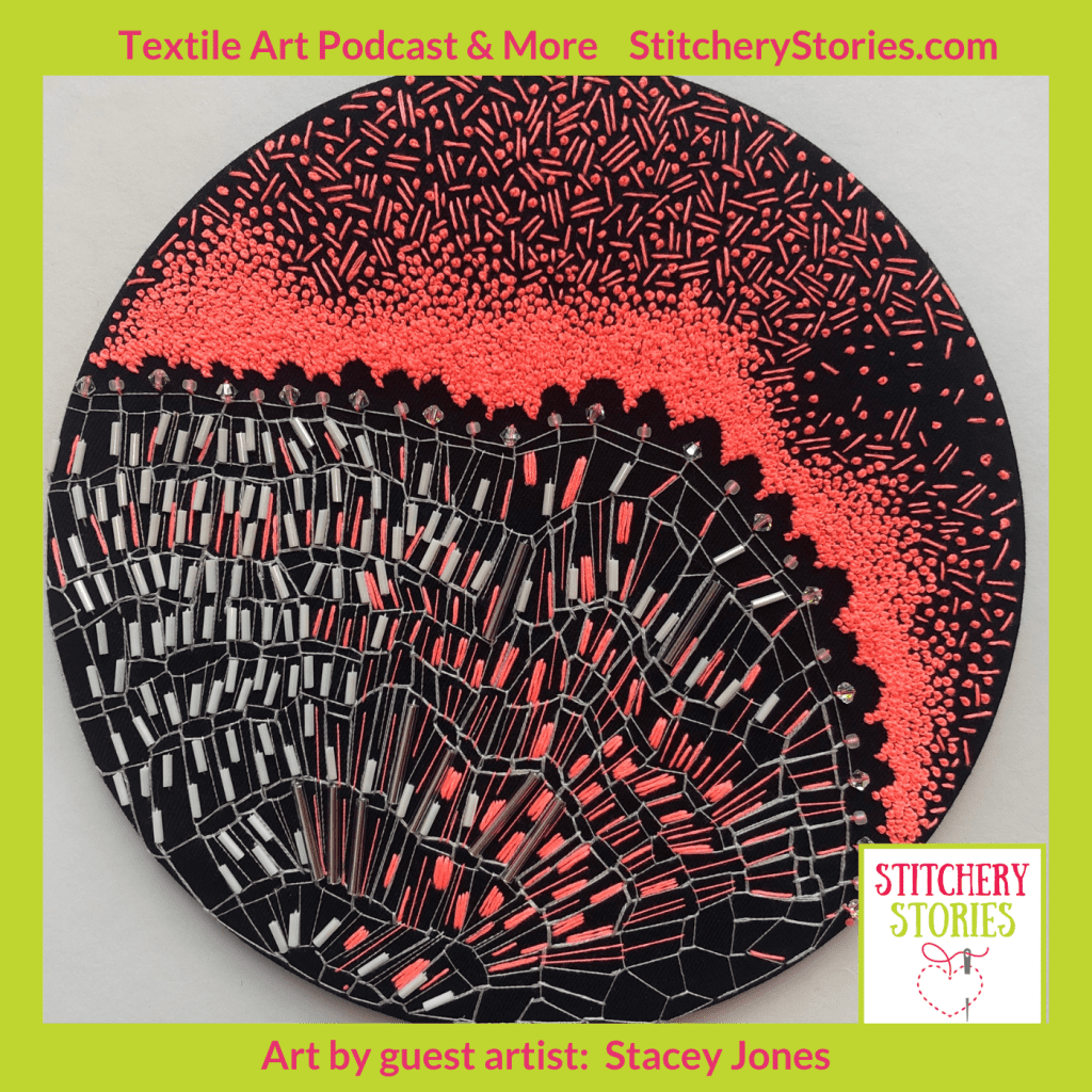 Epione, 2020 modern abstract hand embroidery with coral french knots and beads by Stacey Jones