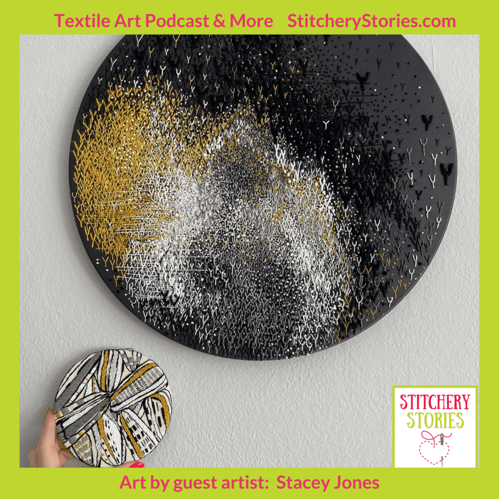 abstract hand embroidery by stacey jones guest on stitchery stories embroidery podcast

