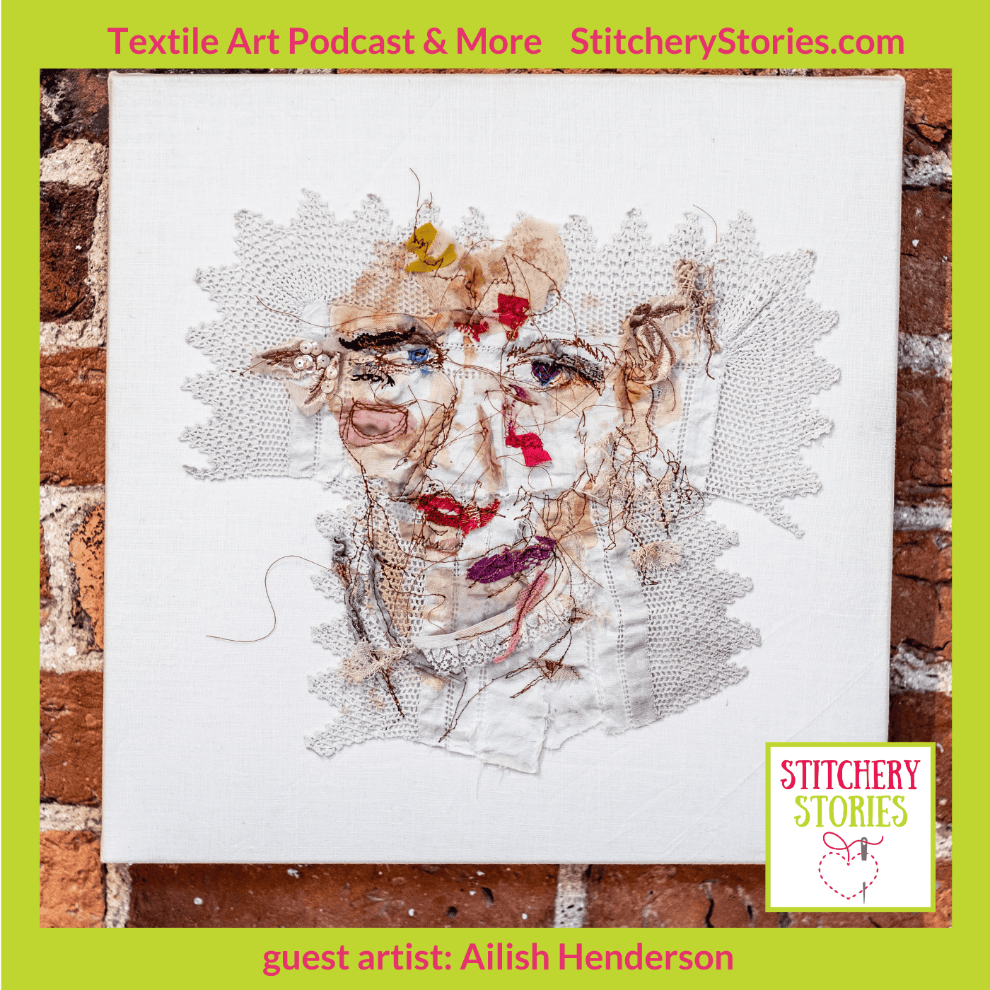 'Pistachio Smiles' Original canvas using mixed media Ailish Henderson stitchery stories textile art podcast